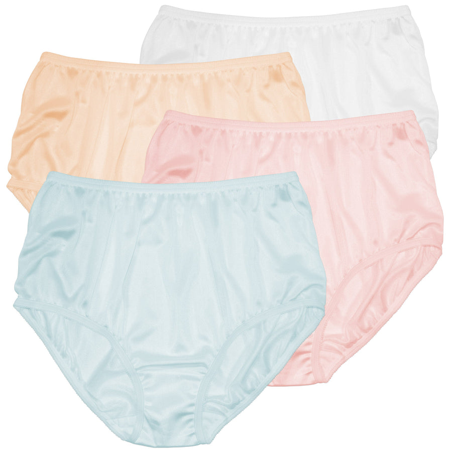Four pairs of Teri Lingerie Nylon Brief Panties (Style 331/Plain Jane) in pastel peach, white, light blue, and pink are displayed overlapping on a white background, showcasing this full-coverage 4-pack.
