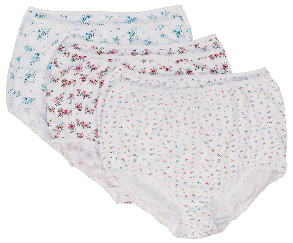 Six pairs of Teri Lingerie 100% Cotton Full Coverage Panty with floral prints are layered against a white background, showcasing high-waisted designs in assorted blue, pink, and multicolored patterns.