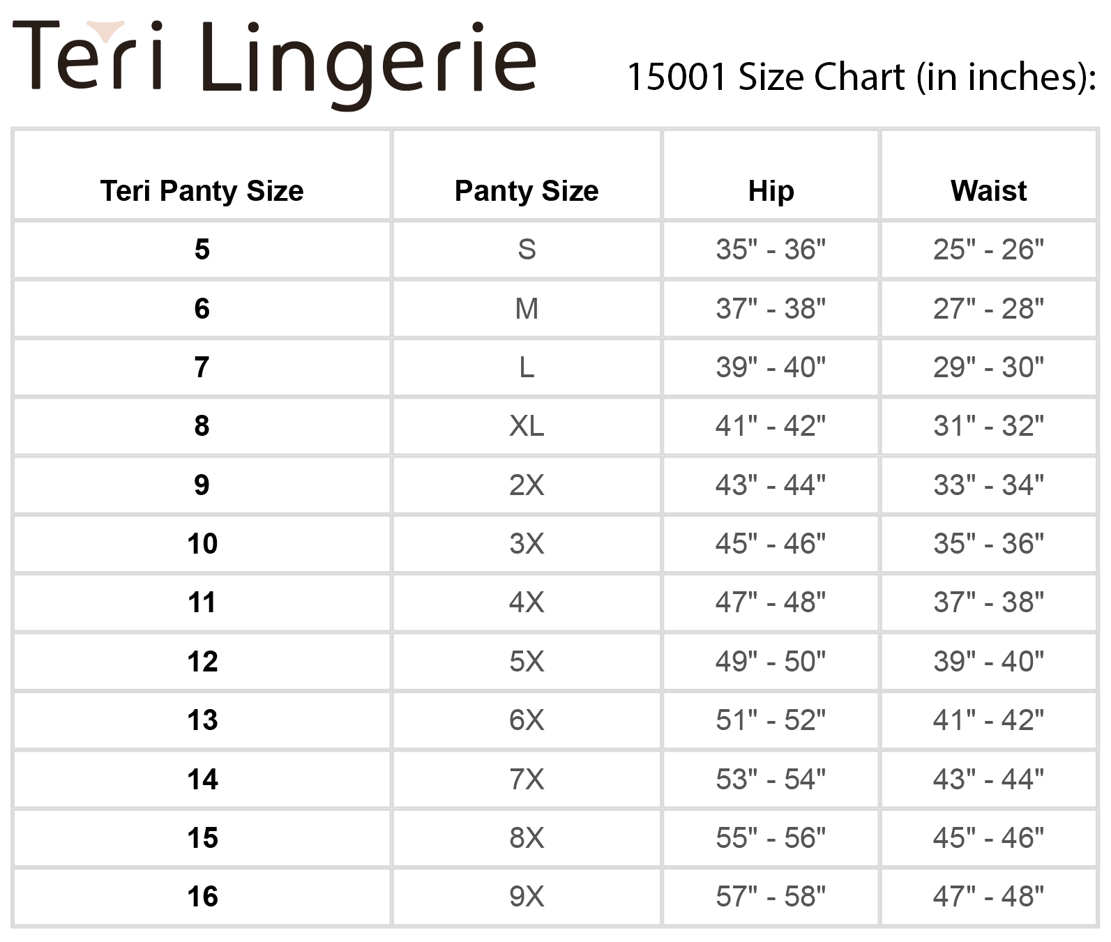 Teri Lingerie 100% Cotton Full Coverage Panty Floral Print 6 Pack size chart offers sizes 5 (S) to 16 (9X), fitting hips 35-58" and waists 25-48", perfect for comfortable cotton briefs in plus and standard sizes.
