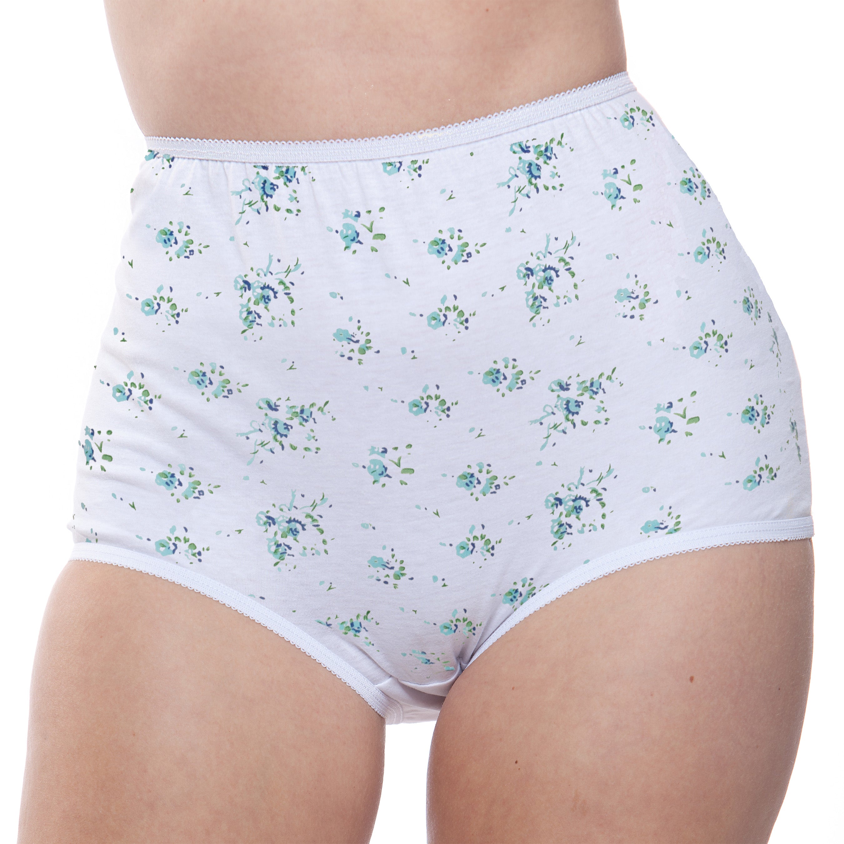 A person modeling Teri Lingerie’s 100% Cotton Full Coverage Panty Floral Print 6 Pack, featuring blue and green floral prints, shown from mid-thigh to just below the chest.