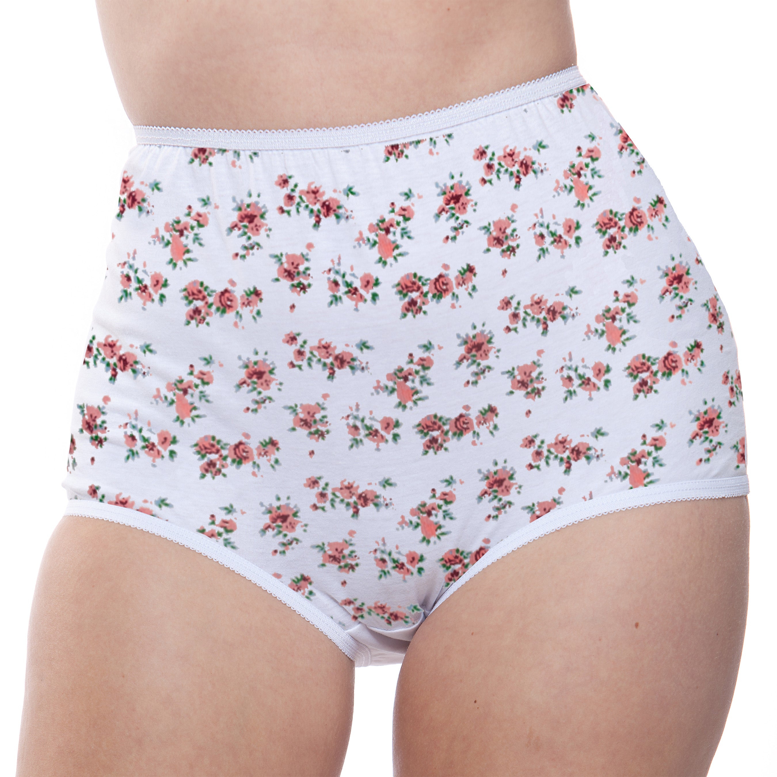 A person wears Teri Lingerie 100% Cotton Full Coverage Panty from the Floral Print 6 Pack, featuring a pink and green design; image shows mid-torso to upper thighs against a plain background.