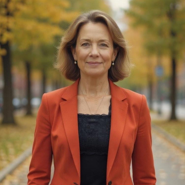 A woman with shoulder-length brown hair, wearing an orange blazer over a black top, stands on a tree-lined path with autumn leaves on the ground. She is smiling softly and looking at the camera.