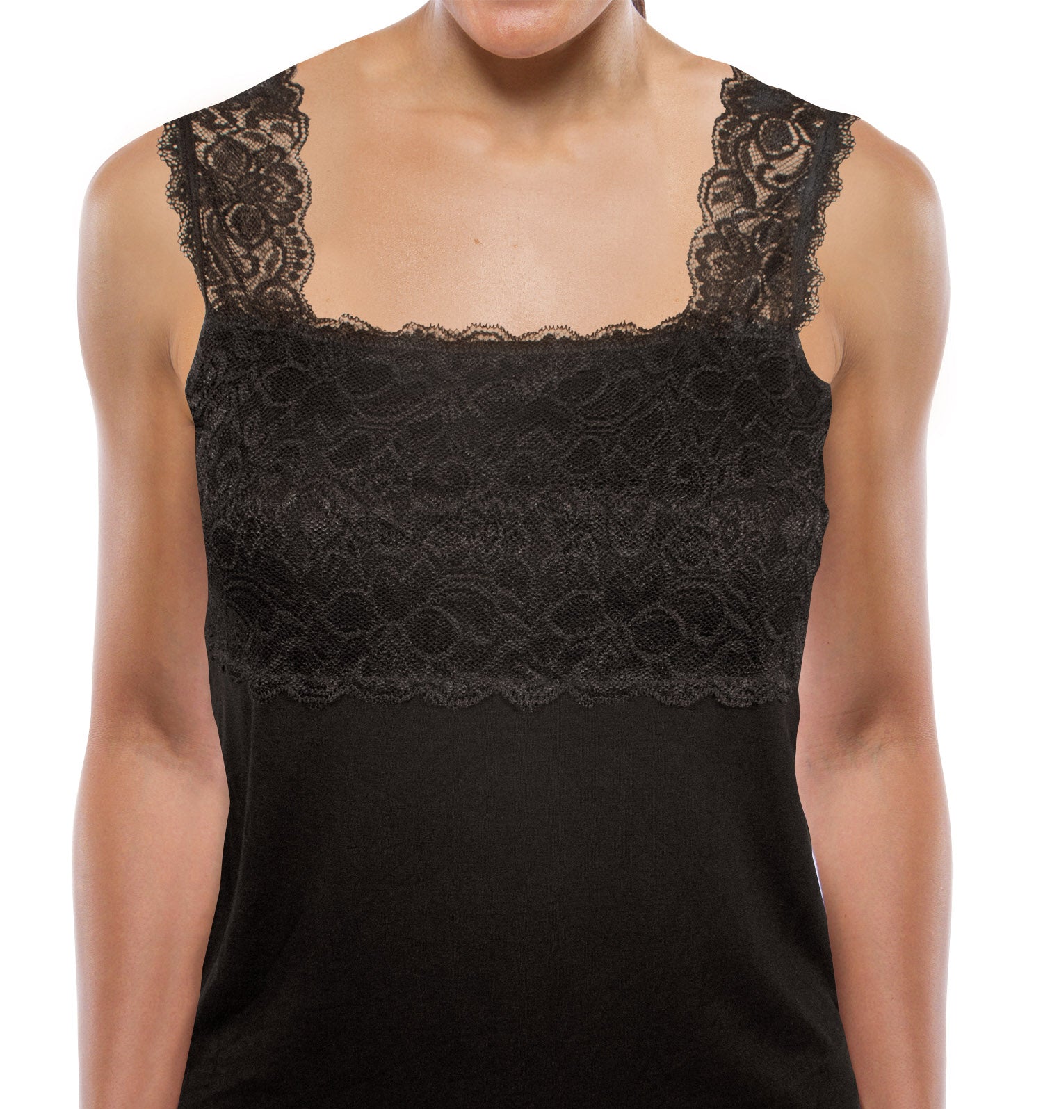 A model wears the Teri Lingerie Lace Layering Camisole (Style 1506) in black, featuring delicate lace along the neckline and shoulder straps, shown from shoulders to just below the chest.