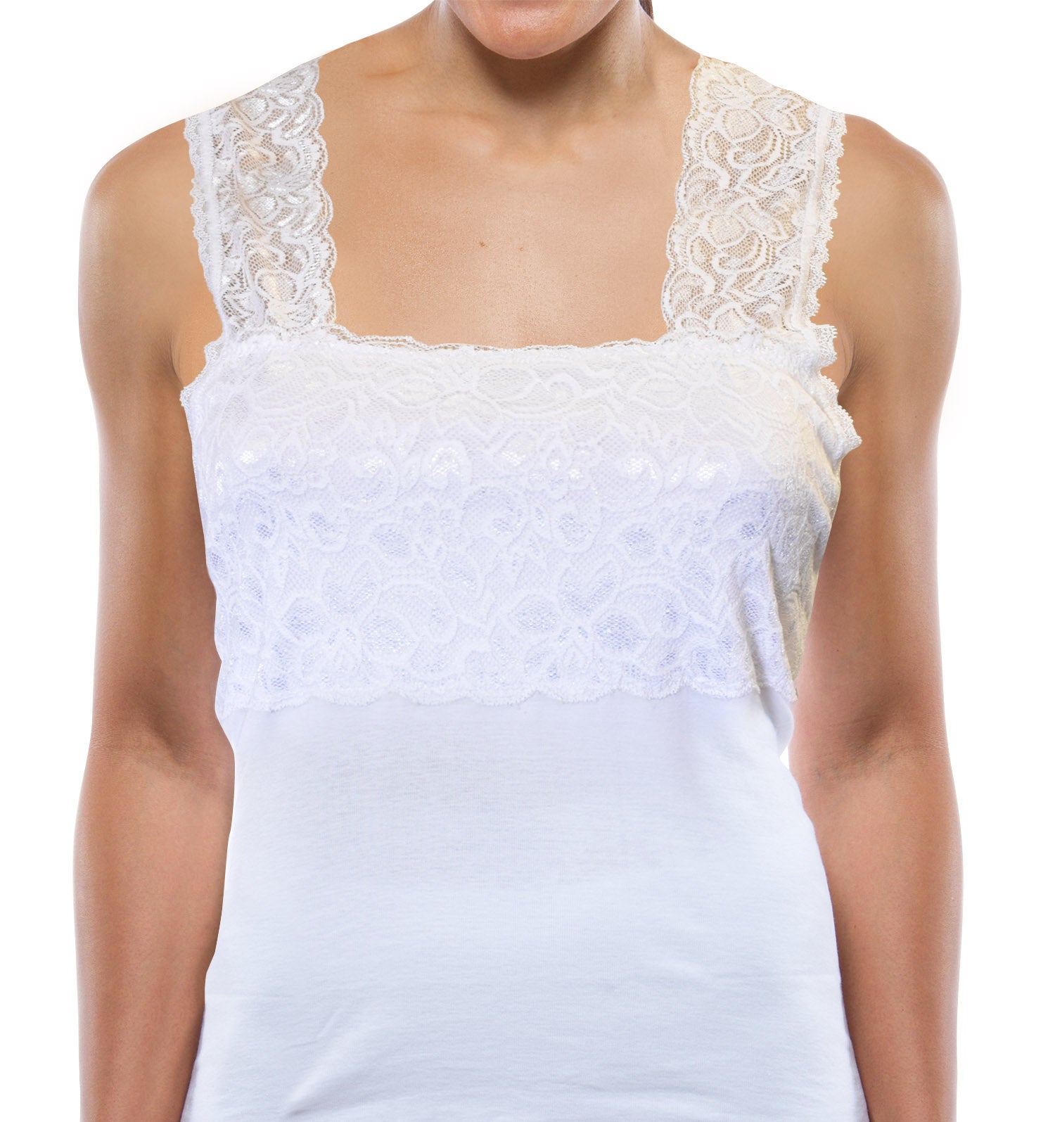 A person models the Teri Lingerie Lace Layering Camisole (Style 1506) in white, shown from shoulders to waist against a plain white background. The face is partially out of frame.