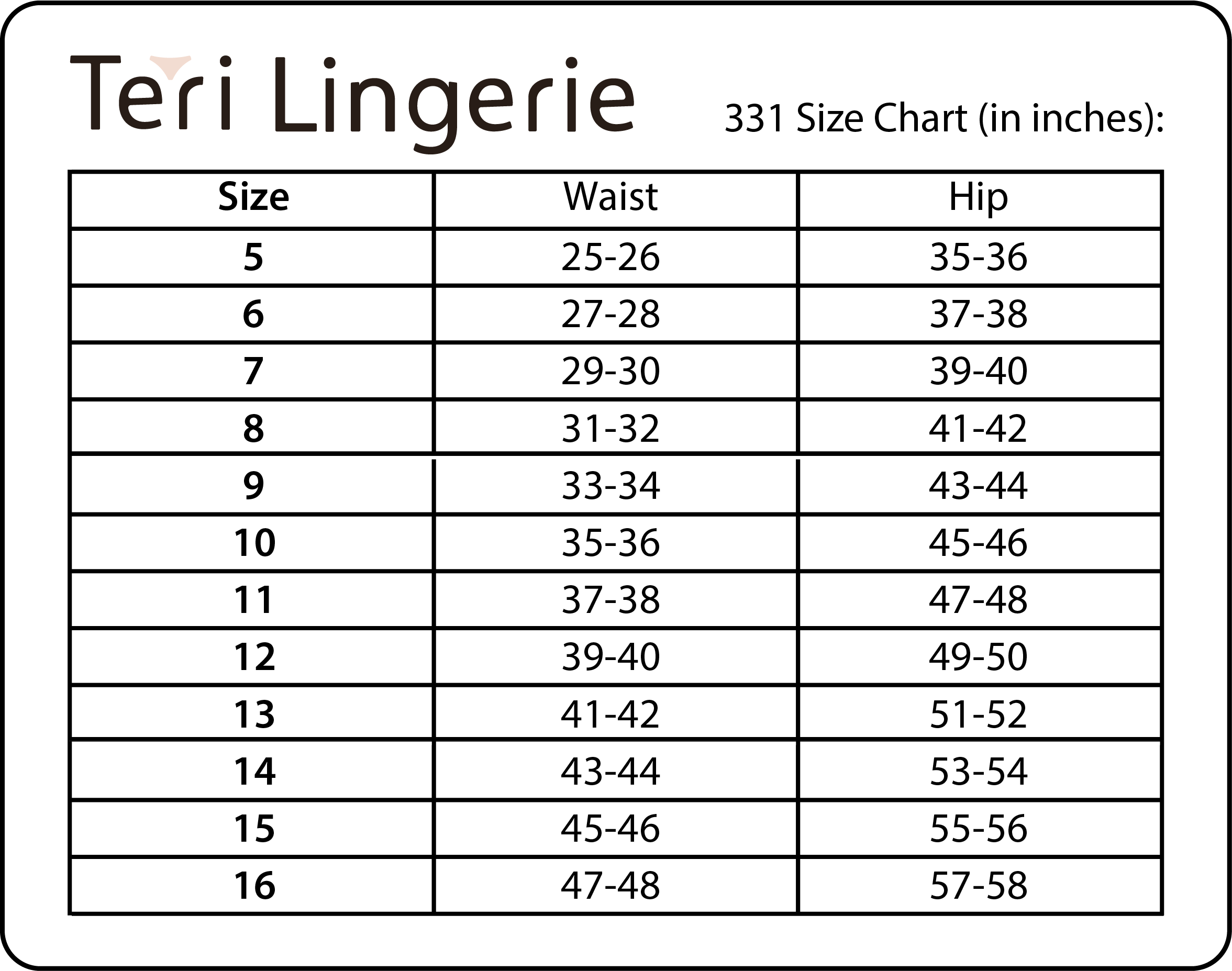 Teri Lingerie size chart for Nylon Brief Panty (Style 331/Plain Jane) 4 Pack in White lists waist and hip measurements (in inches) for sizes 5–16, with a clear table showing full coverage fit details.