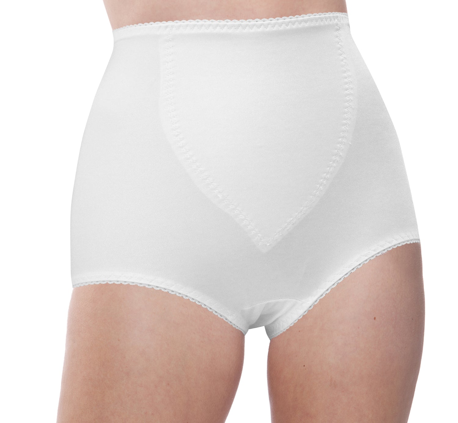 A close-up of a person wearing Teri Lingerie’s Kathryn Light Tummy Control Microfiber Brief (Style 751) in White, featuring a high-rise waist and reinforced front panel for comfortable everyday shaping.