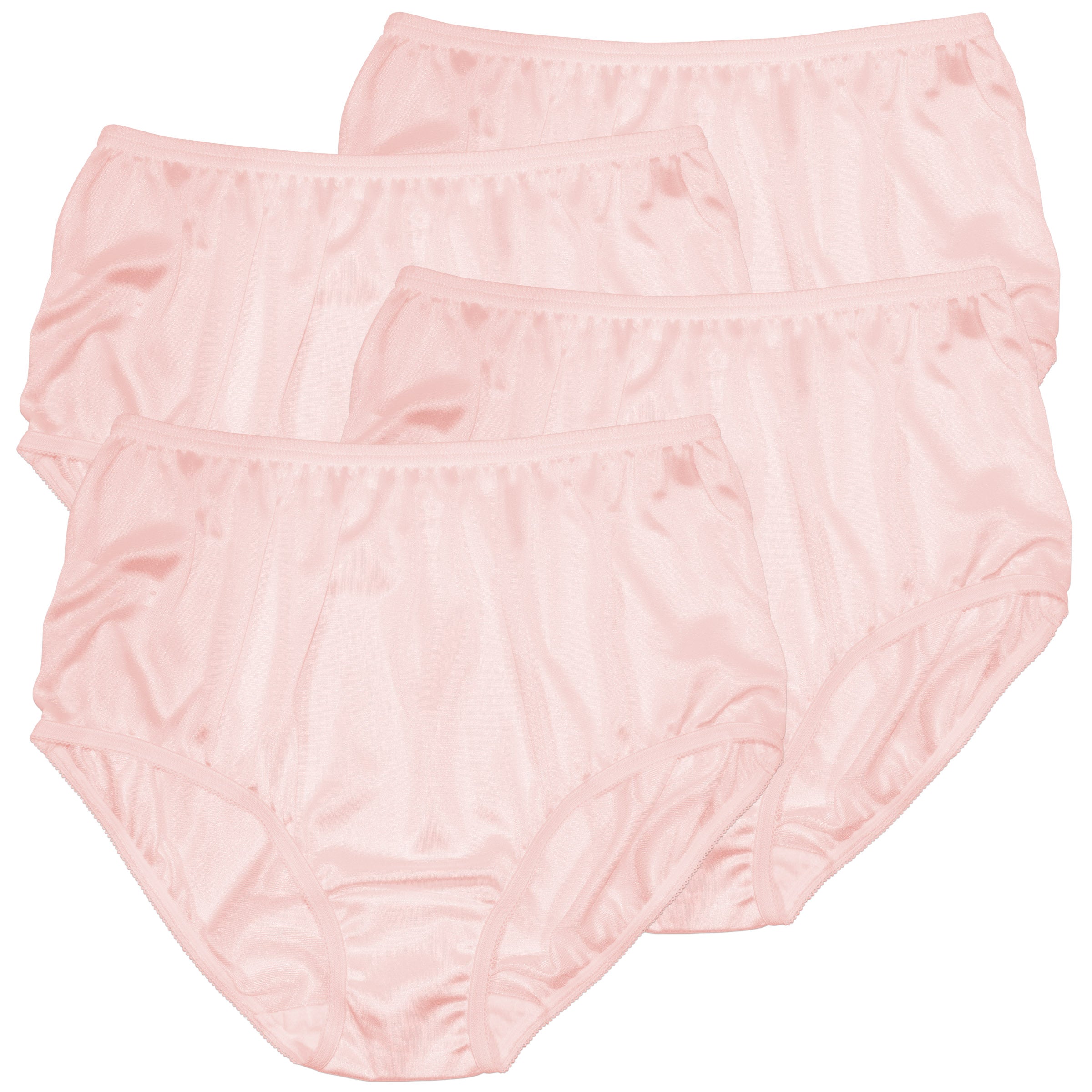 Four pairs of Teri Lingerie Nylon Brief Panty (Style 331/Plain Jane) in pink are arranged overlapping on a white background, showcasing classic full coverage underwear in a convenient 4 pack.