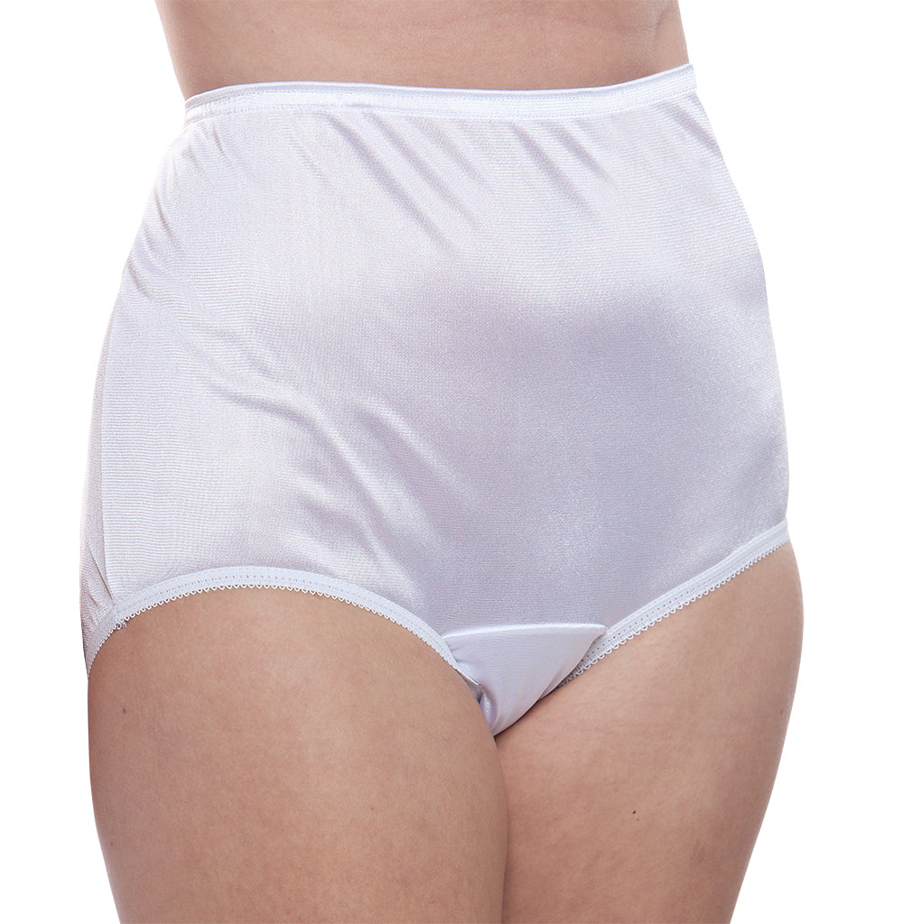 A person is shown from the waist to upper thighs wearing Teri Lingerie Nylon Brief Panty (Style 331/Plain Jane) in white, available in a 4 pack, against a white background.