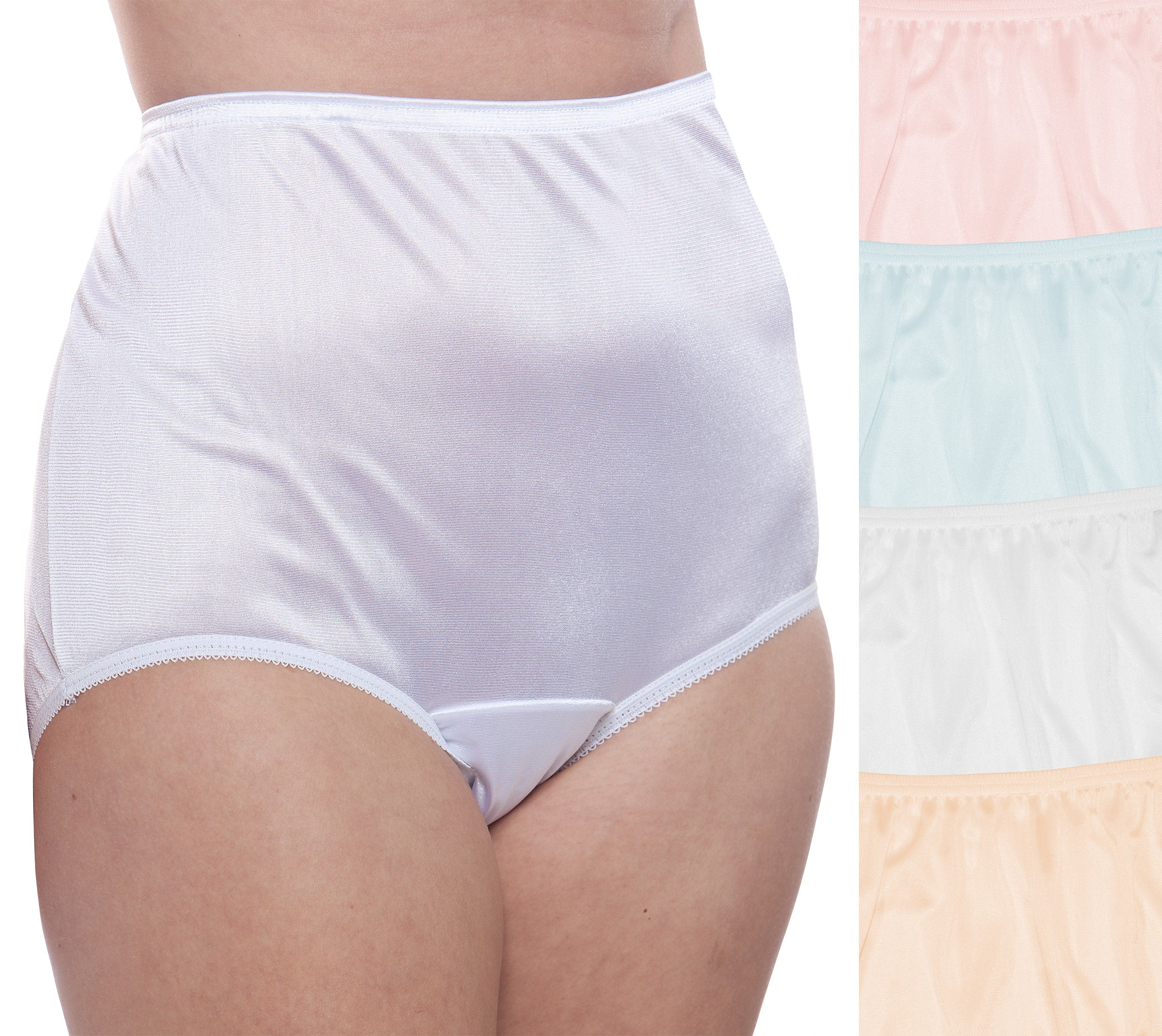 A person wears high-waisted, shiny white nylon panties. Next to them is a neatly stacked Teri Lingerie Nylon Brief Panty (Style 331/Plain Jane) 4 Pack in Pastels: pink, blue, white, and peach.