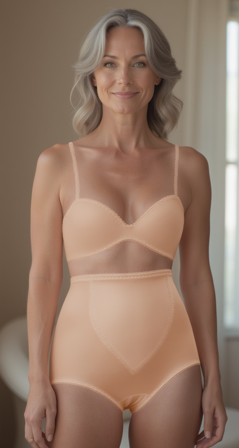 A smiling woman with long gray hair stands indoors wearing the Kathryn Light Tummy Control Microfiber Brief (Style 751) by Teri Lingerie, a peach-colored, high-rise underwear designed for comfortable, everyday shaping.