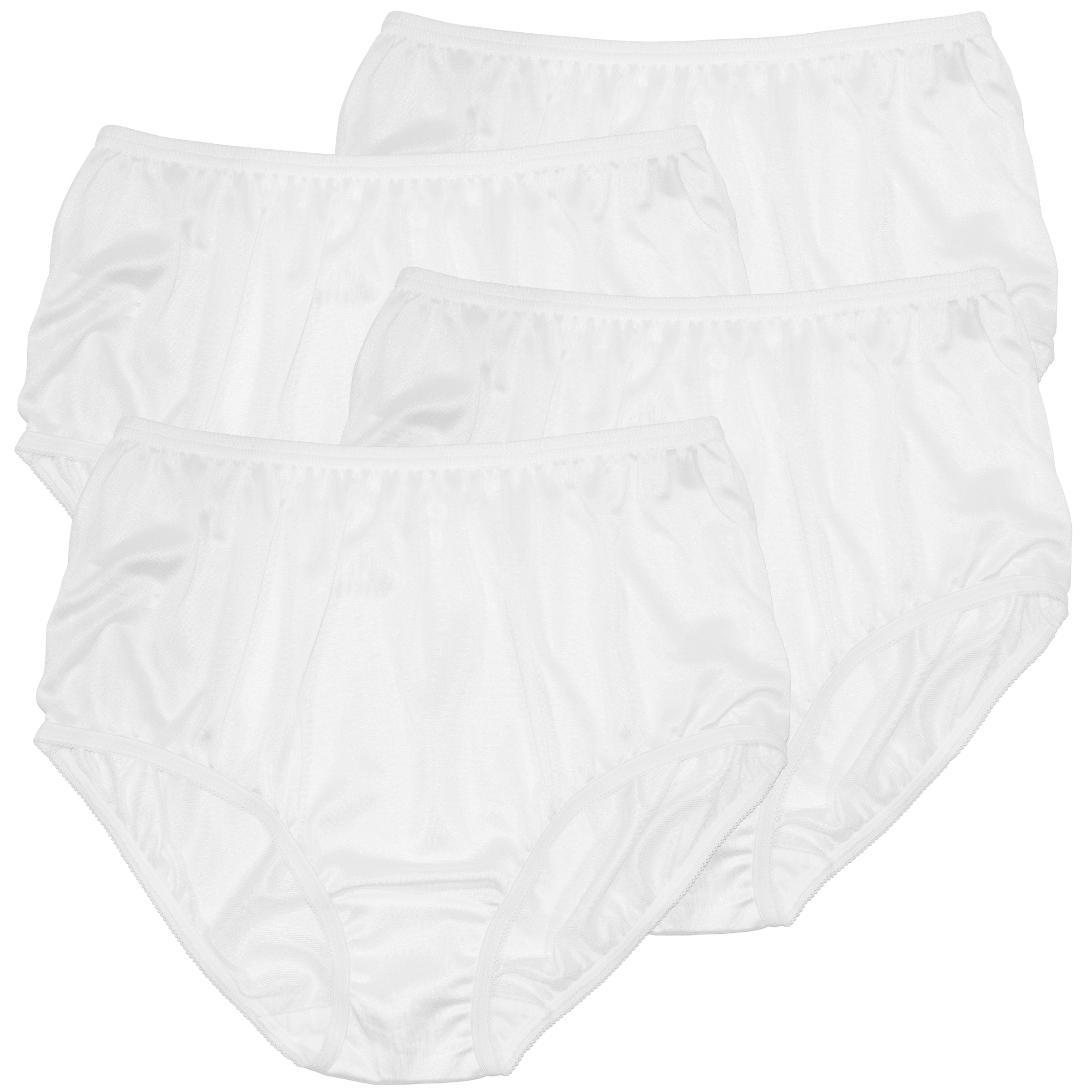 Four pairs of Teri Lingerie Nylon Brief Panty (Style 331/Plain Jane) in white are arranged together. These full coverage briefs feature a smooth, stretchy nylon fabric with elastic waistbands and leg openings. 4 pack shown on a plain background.