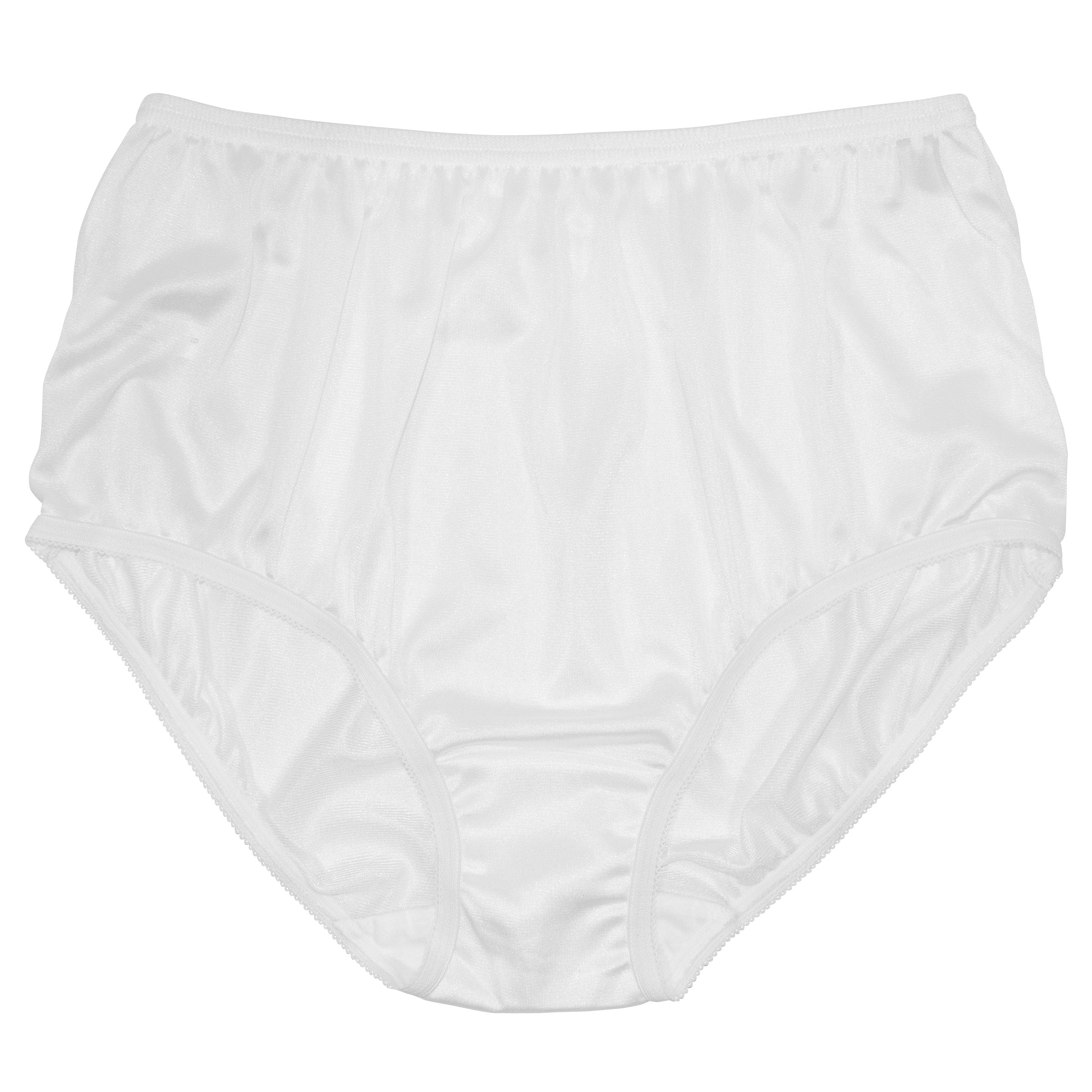 A 4-pack of Teri Lingerie Nylon Brief Panty (Style 331/Plain Jane) in white, featuring high-waisted, full coverage design and smooth, shiny fabric, displayed against a plain white background.
