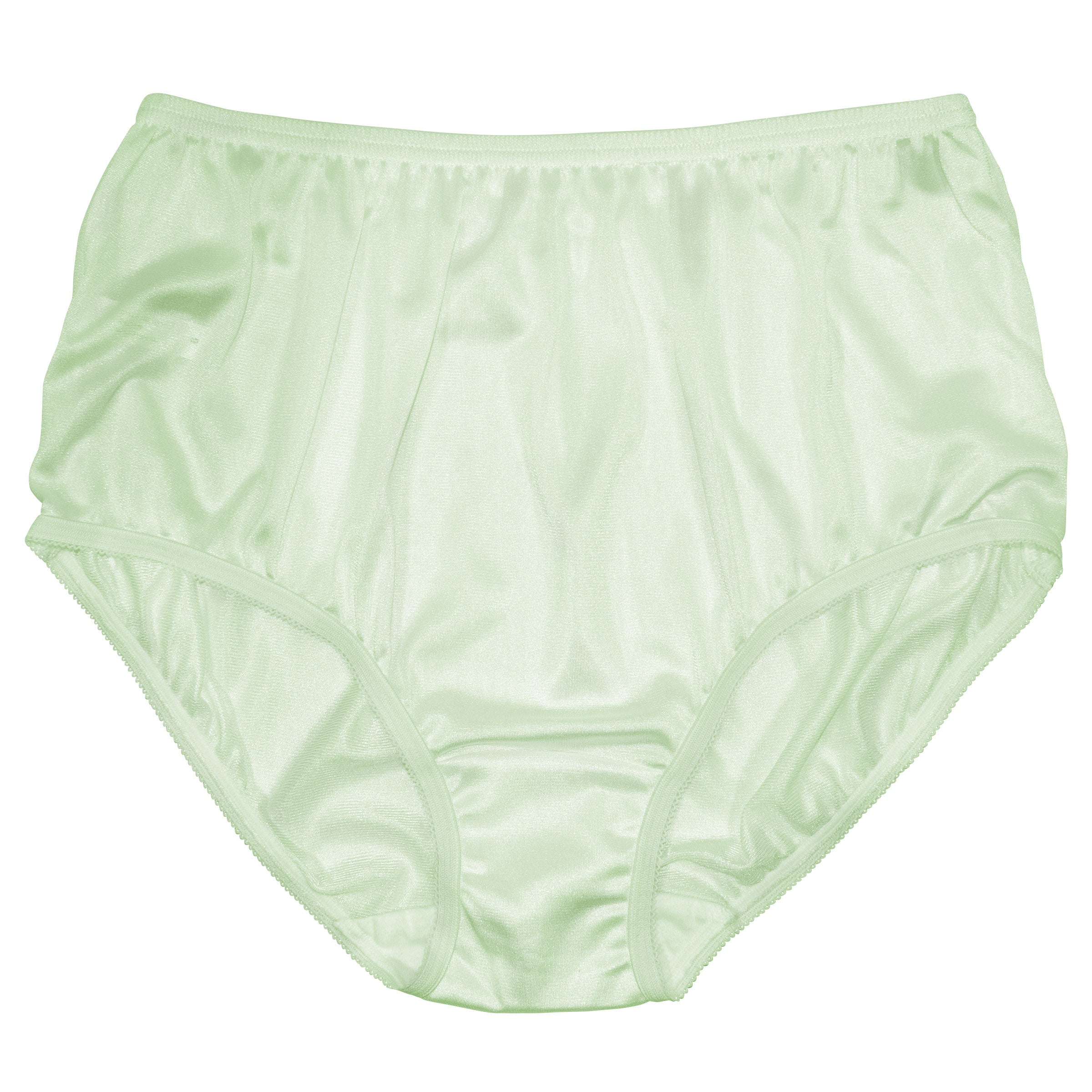 The Teri Lingerie Nylon Brief Panty (Style 331/Plain Jane) 4 Pack in Seafoam Green offers full coverage and classic comfort in a light green satin finish, showcased against a white background.