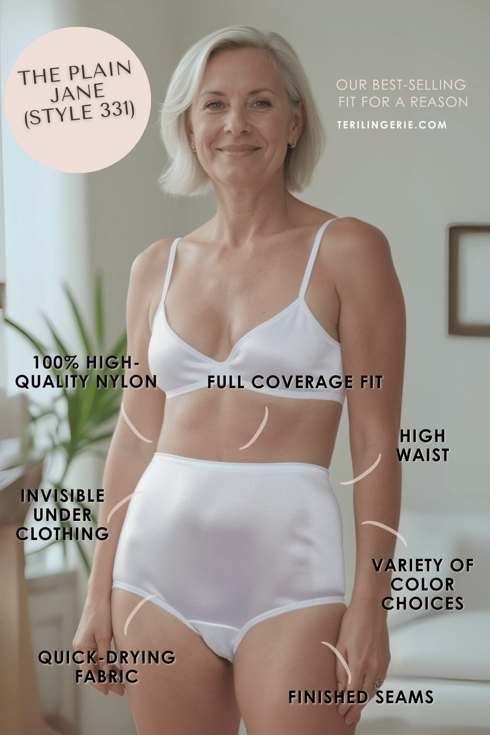 A smiling older woman models Teri Lingerie’s Nylon Brief Panty (Style 331/Plain Jane) 4 Pack in Pastels, featuring high waist, quick-drying fabric, and invisible seams for full coverage comfort in a softly lit room.