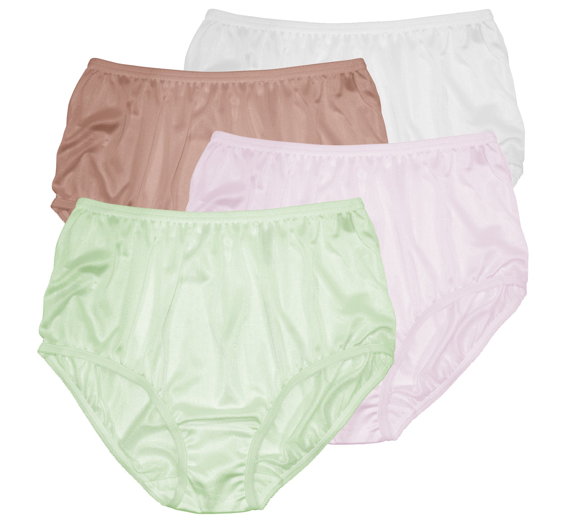 Four Teri Plain Jane Style 331 full-coverage nylon briefs from the Classic Lights 4 Pack—White, Lilac, Seafoam Green, and Mocha—are displayed overlapping on a white background.