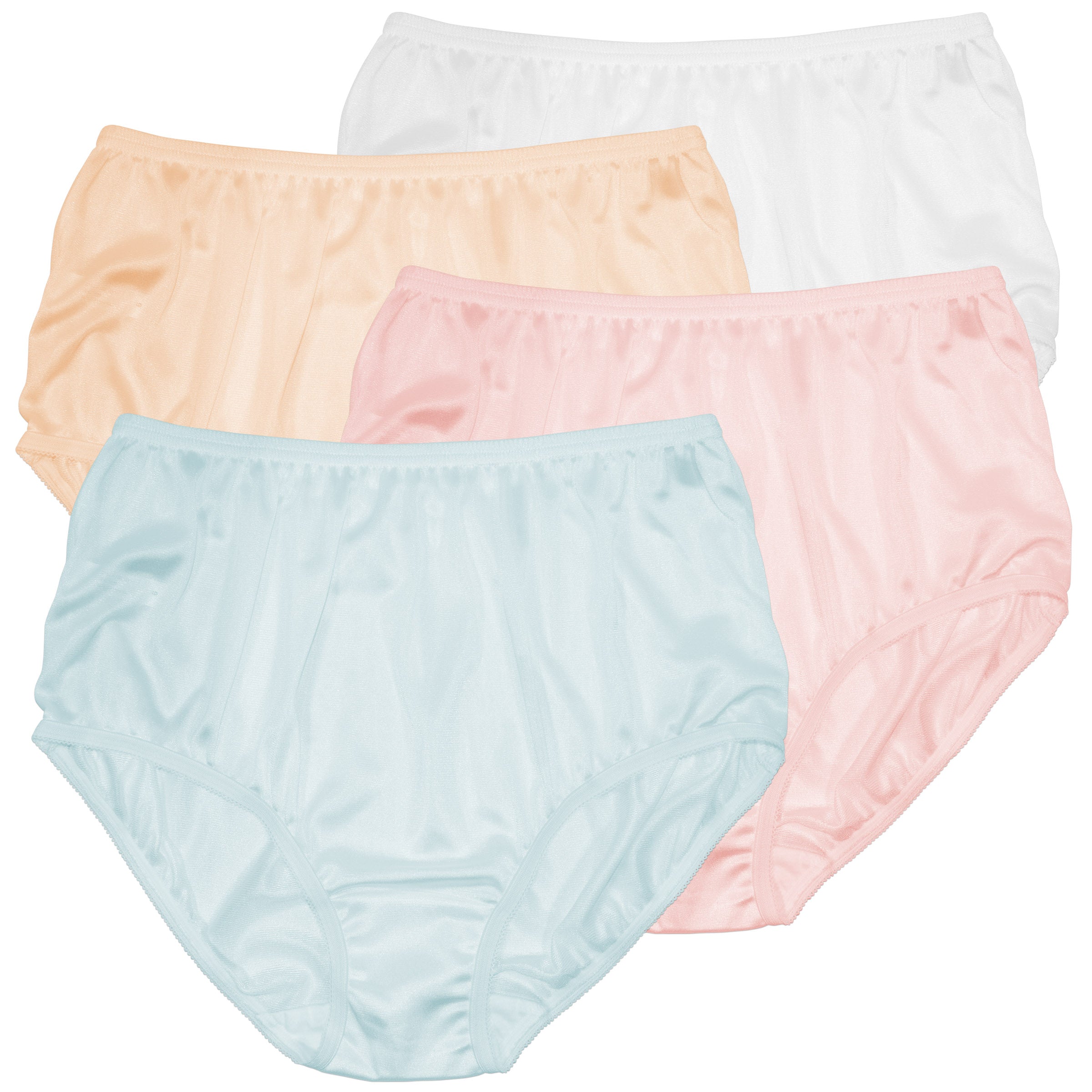 Four pairs of Teri Lingerie Nylon Brief Panties (Style 331/Plain Jane) in pastel peach, white, light blue, and pink are displayed overlapping on a white background, showcasing this full-coverage 4-pack.