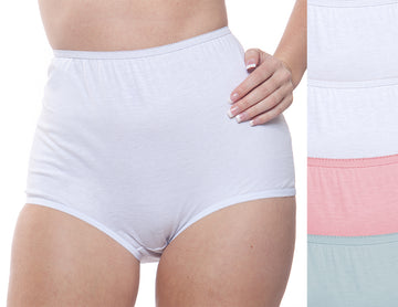 A model wears Teri Lingerie’s Full Coverage, Elastic Leg Cotton Brief. To the right, a stack of assorted color briefs from the 4 Pack (Style 122) is partly visible, including white, pink, and light blue pairs.