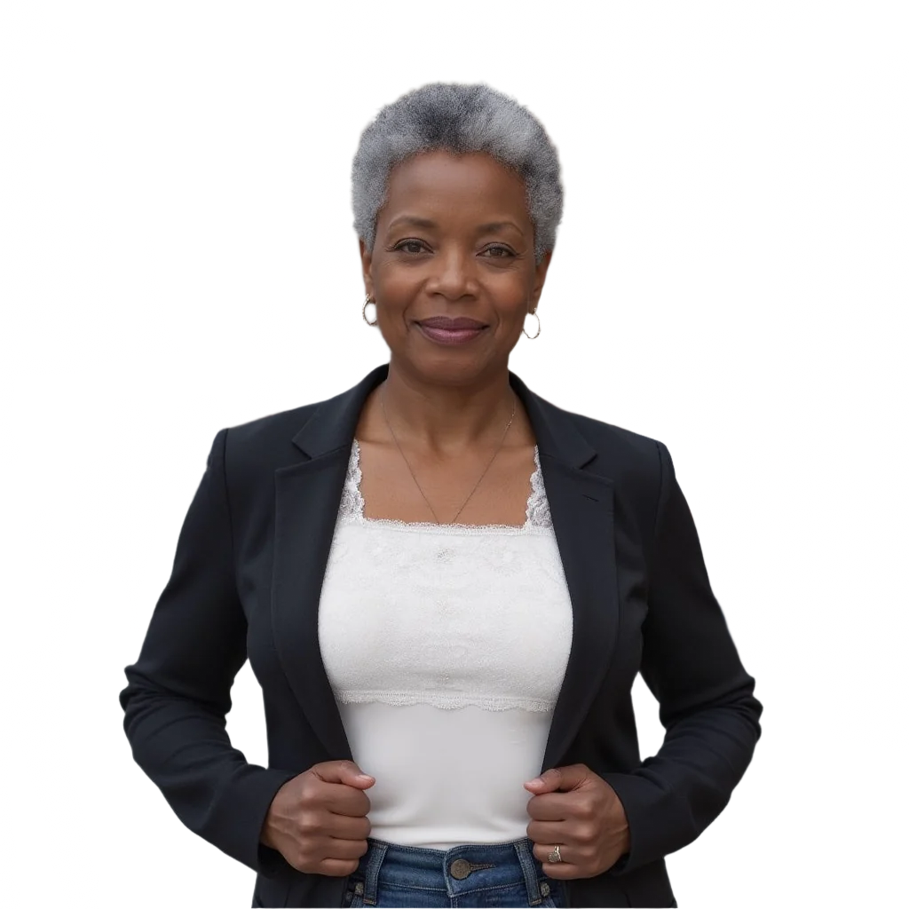 A confident older woman with short gray hair, wearing a black blazer over a white top and blue jeans, smiles gently while holding her blazer edges. She stands against a plain white background.