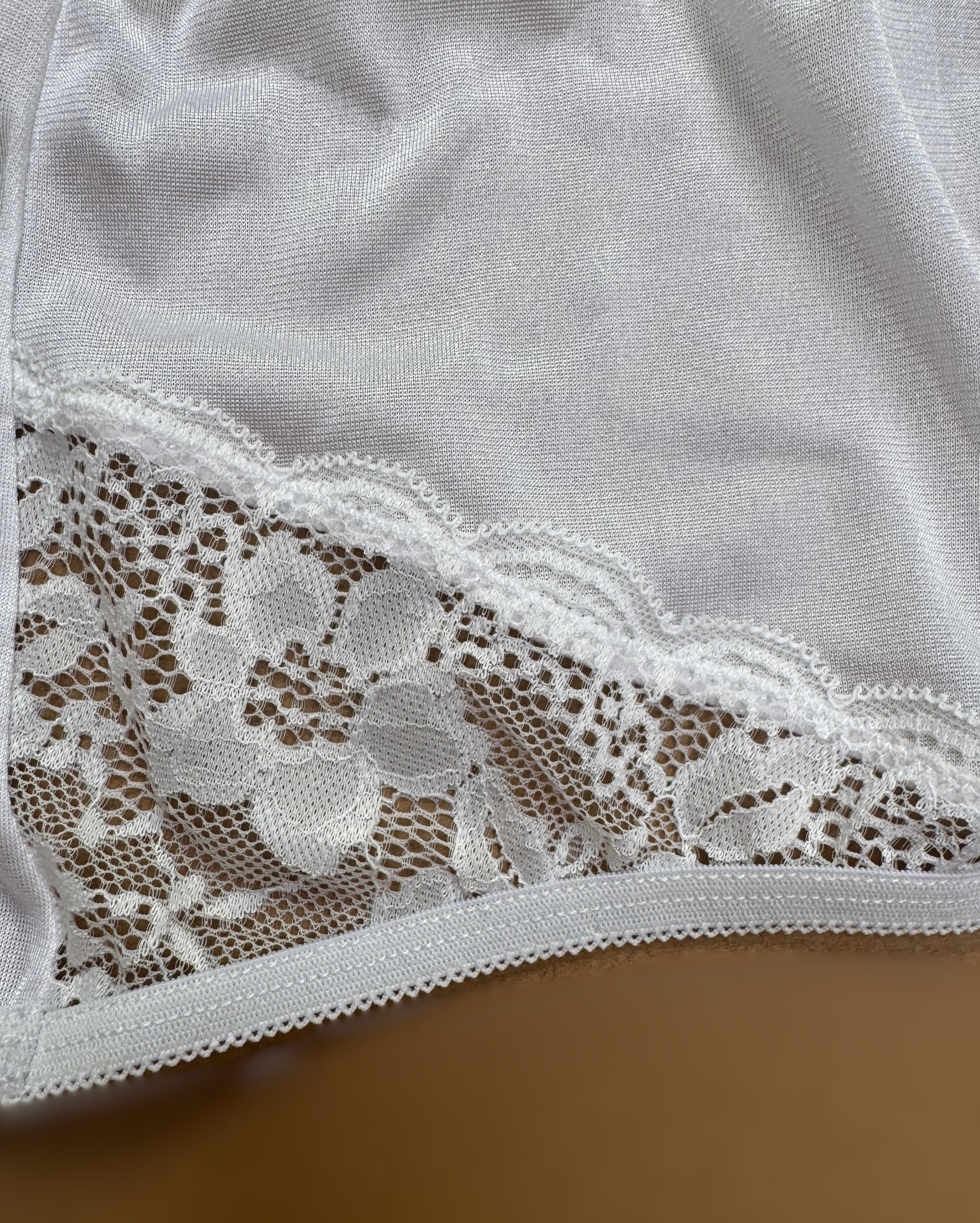 A close-up of the NYLON GUSSET Nylon and Lace Brief Panty (Style M108/Beatrice) 3 Pack in Assorted by Teri Lingerie, featuring elegant floral lace trim, intricate patterns, and delicate scalloped edges for a refined look.