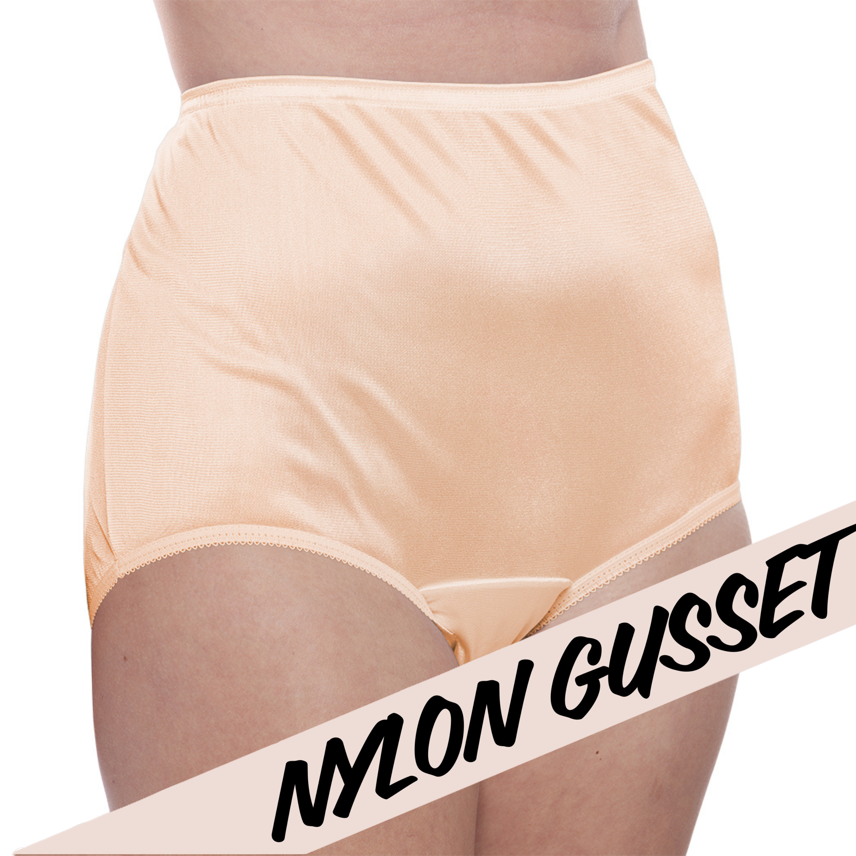 A person wears high-waisted, beige NYLON GUSSET Nylon Brief Panties (Style 331/Plain Jane) by Teri Lingerie, featuring smooth, full coverage and a seamless look. Bold NYLON GUSSET text appears across the image. 4 Pack in Beige—COMING SOON.