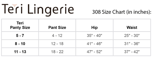 The Teri Lingerie Full Coverage Lace Brief 6 Pack size chart lists panty size, pant size, hip, and waist measurements in inches for sizes 5-7, 8-10, and 11-13—ensuring inclusive sizing for full coverage panties.