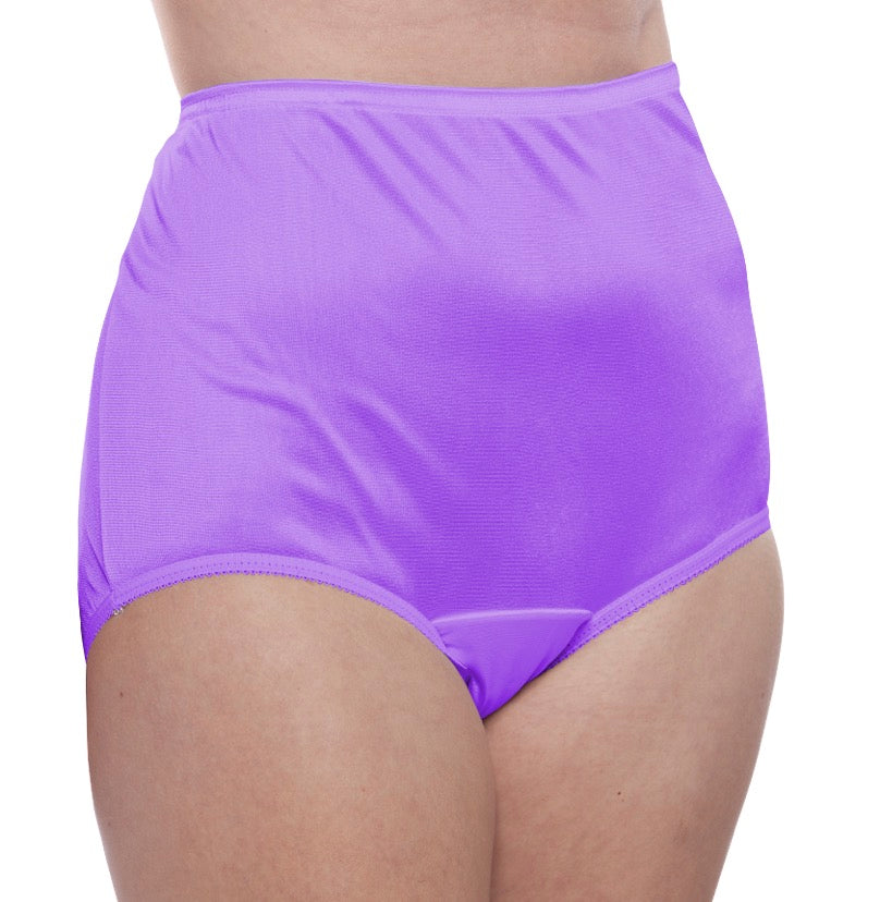 A person models Teri Lingerie’s Nylon Brief Panty (Style 331/Plain Jane) 4 Pack in Amethyst Purple, with the image cropped to show the high-waisted, full coverage style against a white background.