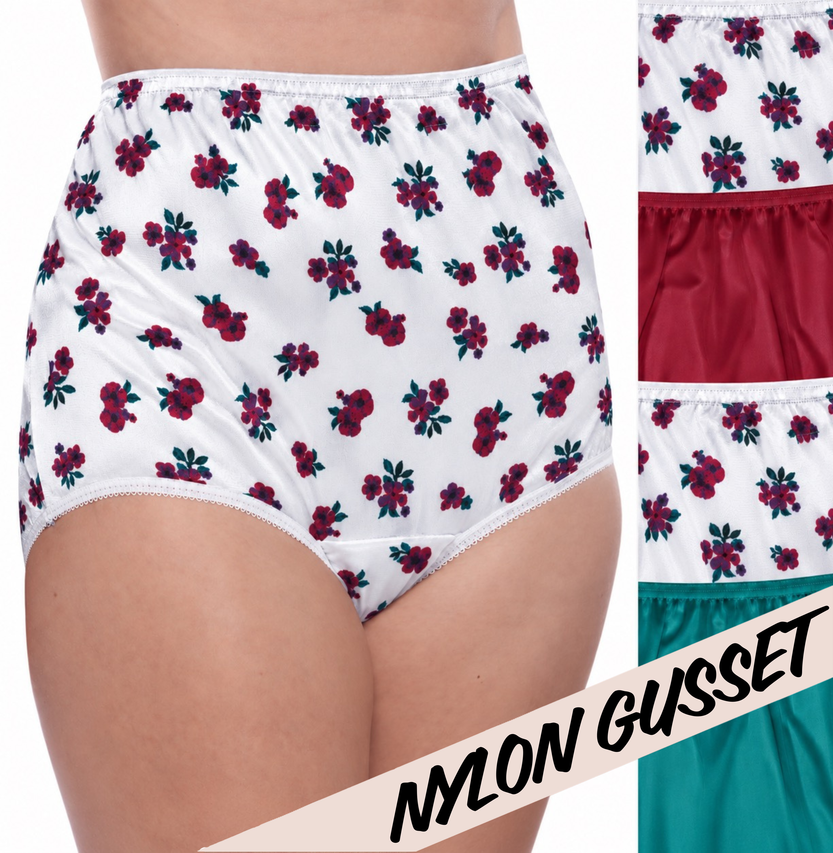 Teri Plain Jane 331 Jewel Floral 4-pack with nylon gusset, including two floral print briefs, one wine and one teal.
