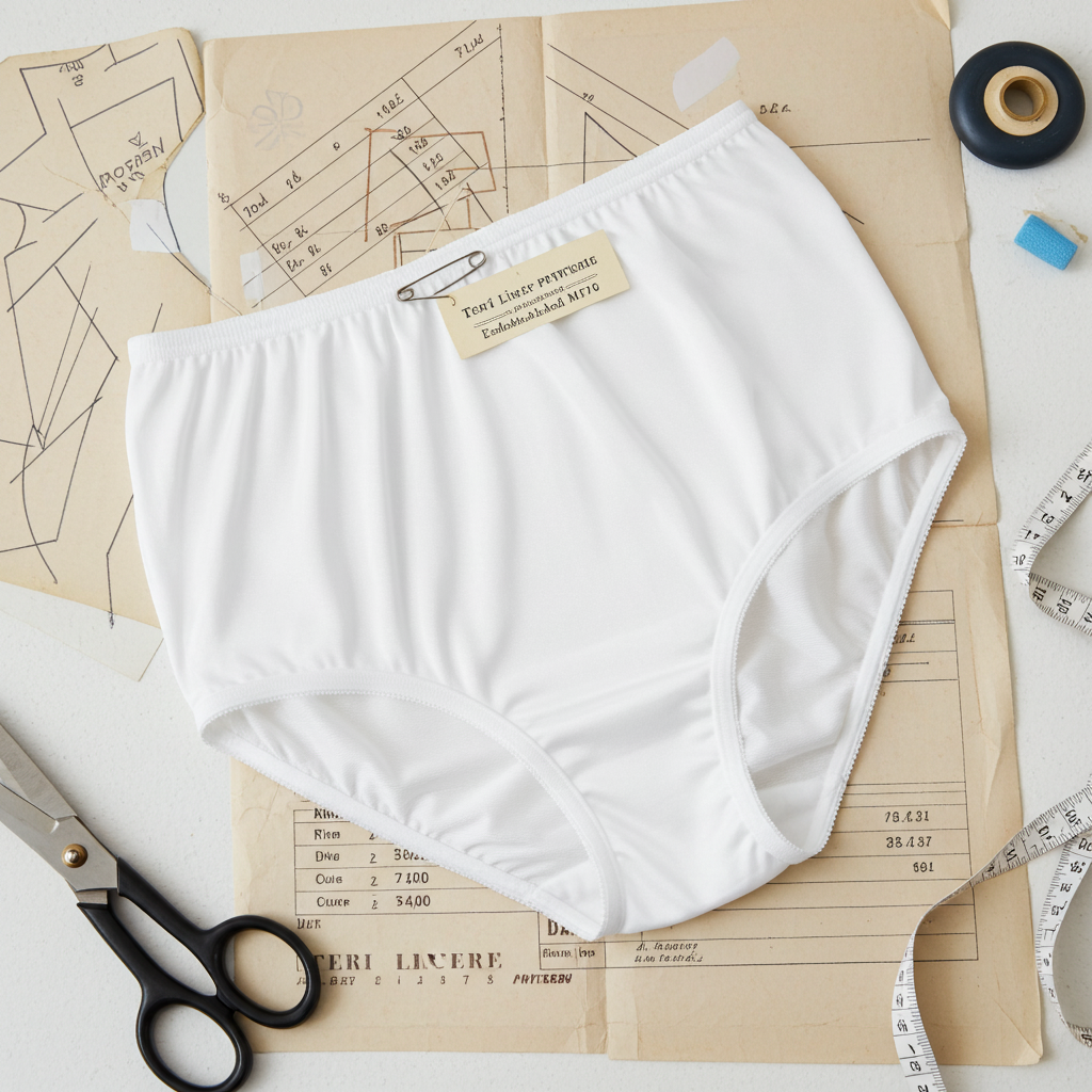 A pack of four white Teri Lingerie Nylon Brief Panties (Style 331/Plain Jane) rests on vintage sewing patterns, with scissors, a tape measure, blue thread, and a small round container nearby. A tag reads "Pearl Liner Princess, Technologically MFG.