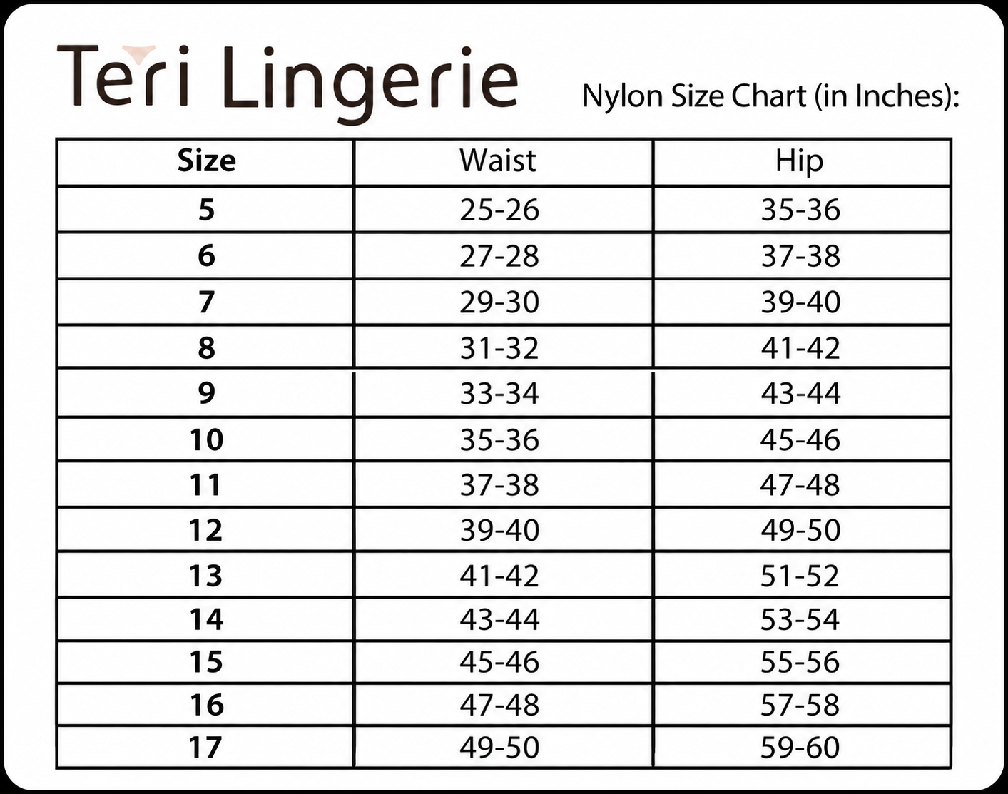 Teri Lingerie nylon panties size chart, sizes 5 through 17, with waist and hip measurements in inches