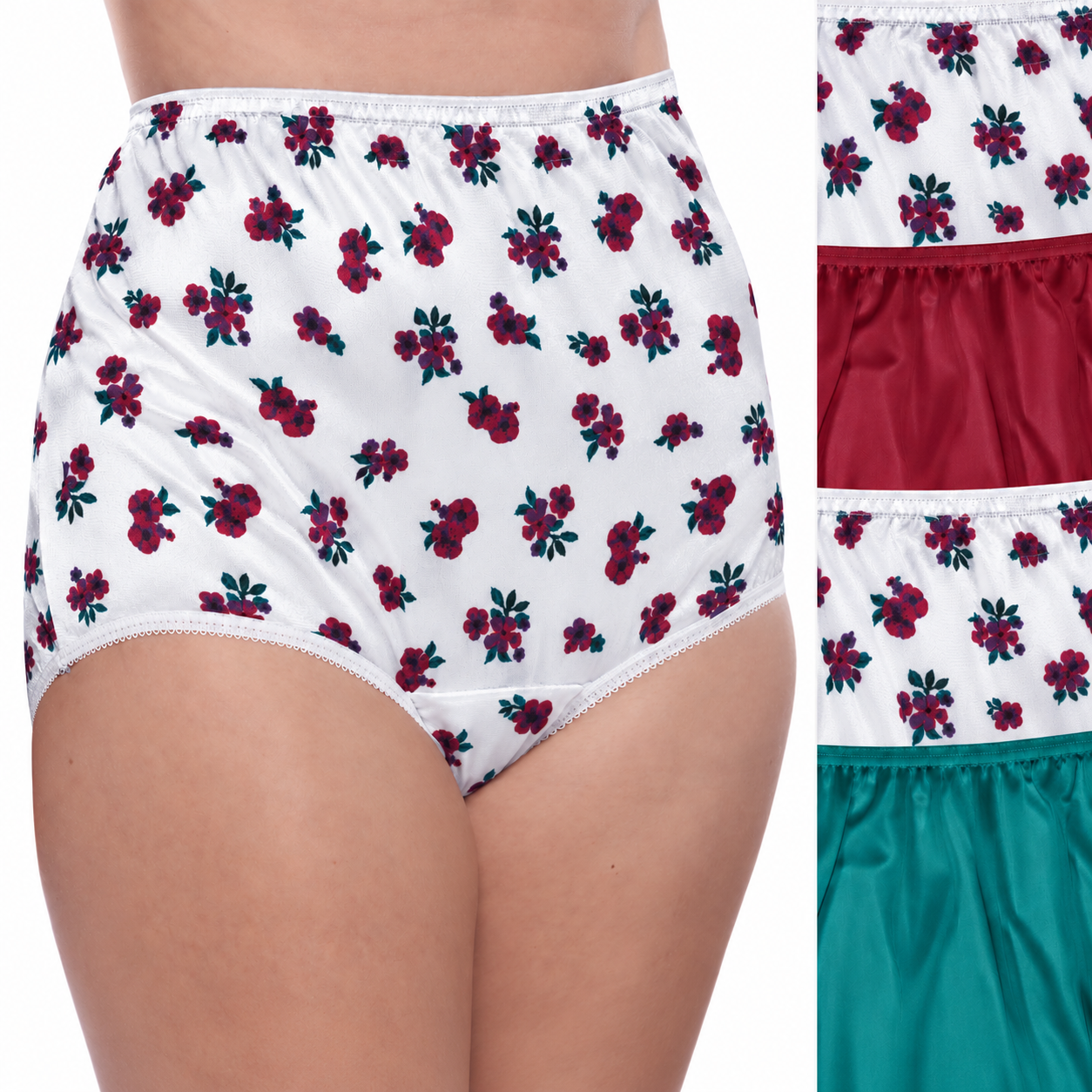 Teri Plain Jane 331 Jewel Floral 4-pack featuring a jewel-tone floral print with wine and teal briefs.