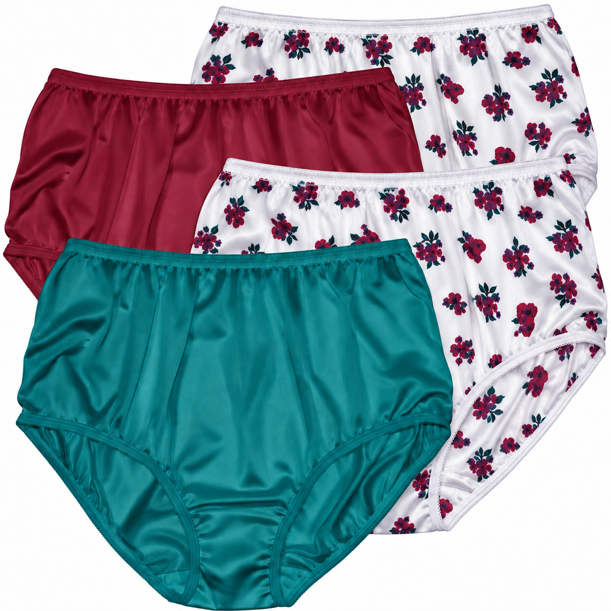 Teri Plain Jane 331 Jewel Floral 4-pack with two floral print briefs, one wine brief and one teal brief.