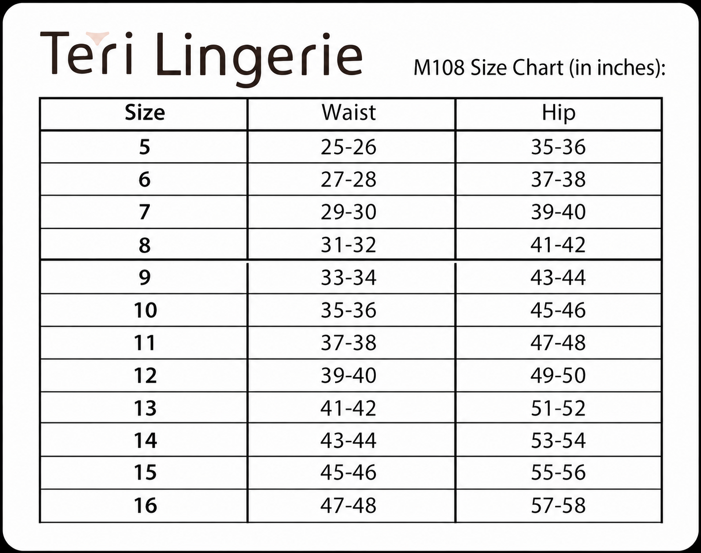 The Teri Lingerie NYLON GUSSET Nylon and Lace Brief Panty (Style M108/Beatrice) size chart lists sizes 5-16, fitting waist 25-48" and hips 35-58", for this full coverage nylon brief, in a table format.