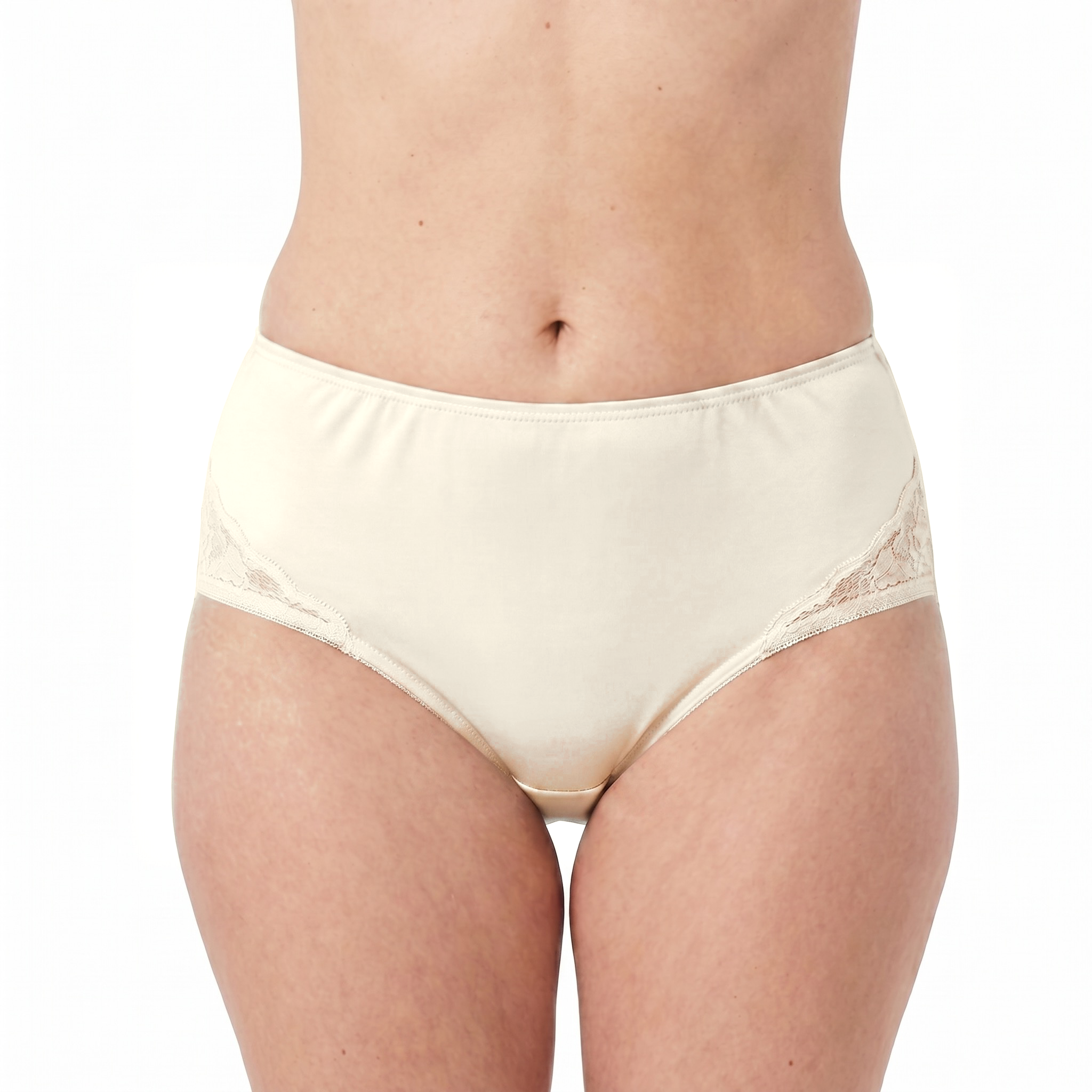 A person wears Teri Lingerie's NYLON GUSSET Nylon and Lace Brief Panty (Style M108/Beatrice), a cream high-waisted nylon brief with lace side details, shown waist to upper thigh against a white background. Sold in 3-pack assorted.