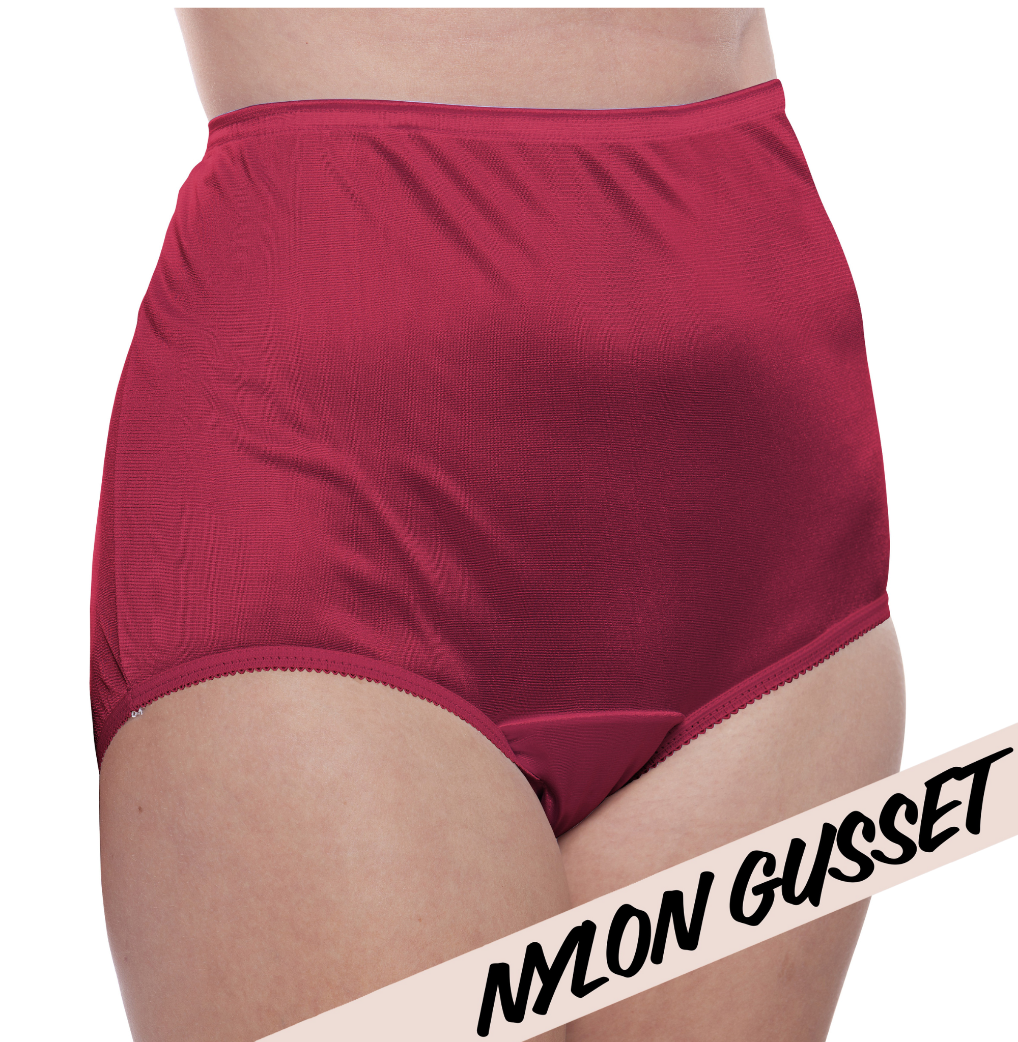 A person wears Teri Lingerie’s NYLON GUSSET Nylon Brief Panty (Style 331/Plain Jane) in wine, featuring high-waisted full coverage and a visible nylon gusset. "NYLON GUSSET" is displayed diagonally, echoing the classic Style 331 design.