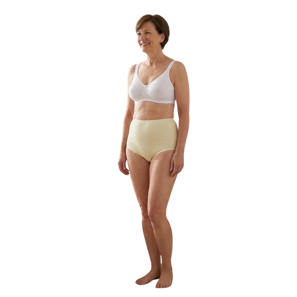 A smiling woman stands barefoot against a white backdrop, wearing Teri Lingerie's The Cotton Cuff Leg Betsy (M101)—a white bra and high waist cotton panties for a modest fit and comfortable style.