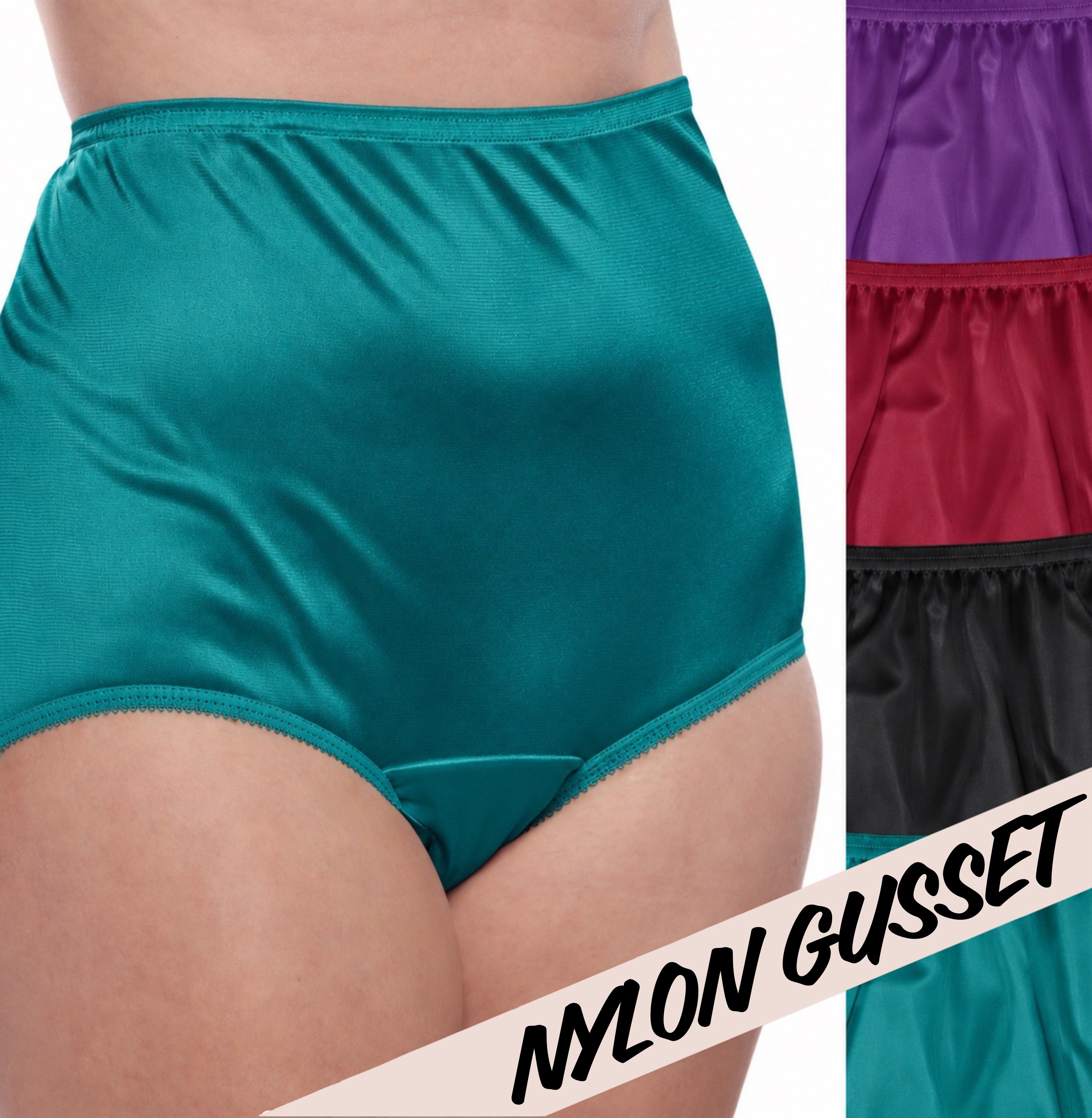 Teri Plain Jane 331 Jewel Tones 4-pack with nylon gusset in black, wine, teal and purple.
