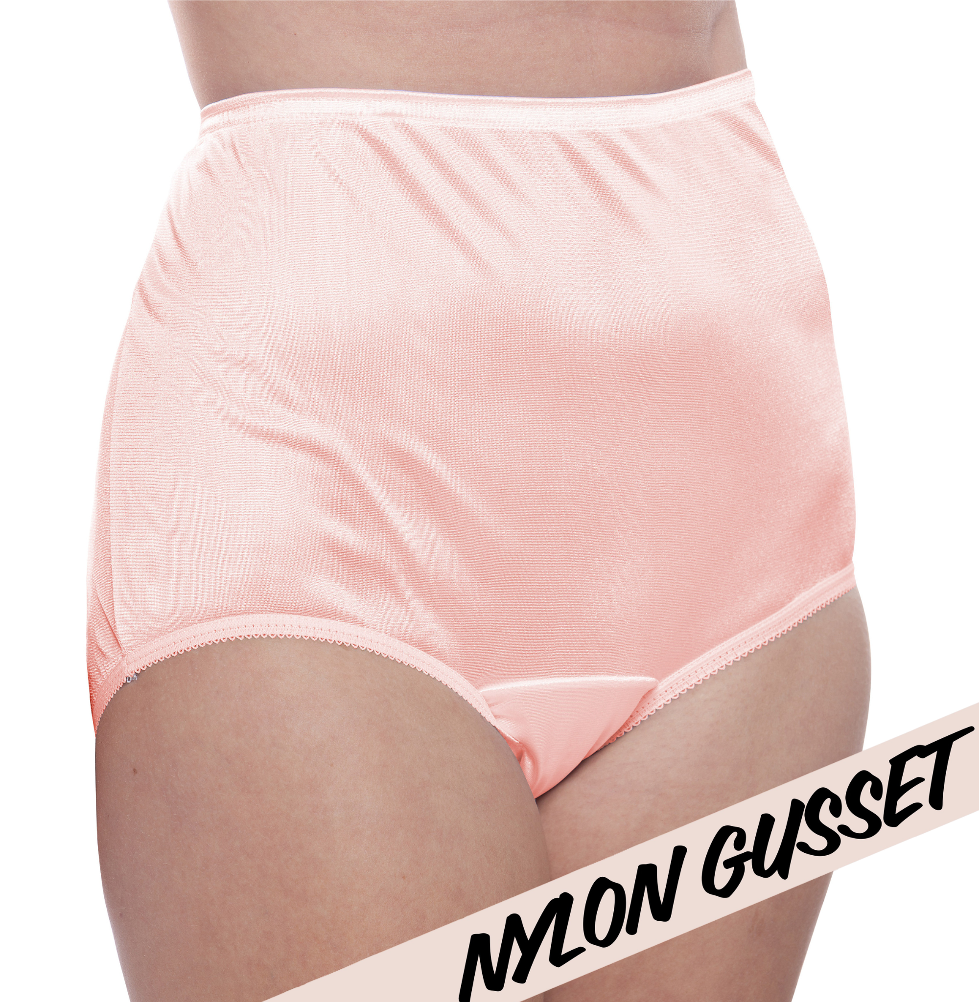 A person wearing Teri Lingerie NYLON GUSSET Nylon Brief Panty (Style 331/Plain Jane) in pink, a high-waisted, full coverage satin brief from the 4-pack set. "NYLON GUSSET" appears in bold on the bottom right corner.