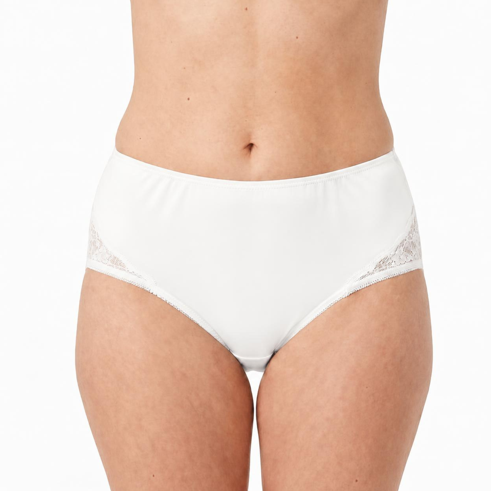 A model wears Teri Lingerie’s NYLON GUSSET Nylon and Lace Brief Panty (Style M108/Beatrice) 3 Pack in Assorted, featuring high-waisted full coverage and lace side detailing, shown from waist to upper thighs on a white background.