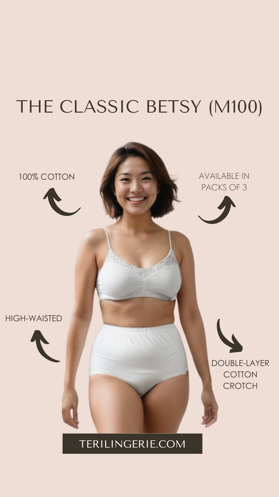 Smiling woman wears The Classic Betsy (M100) by Teri Lingerie—100% cotton, double-layer crotch, modest fit, full coverage briefs and bralettes in packs of 3. Shop now at terilingerie.com.