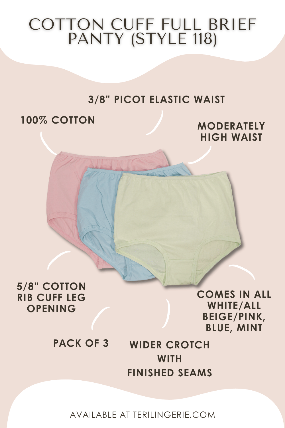 The Teri Lingerie 100% Cotton Cuff Leg Panty, Three Pack in White (118), features full briefs with a picot elastic waist, cuffed leg design, wider crotch, slightly high waist, and finished seams for comfort.
