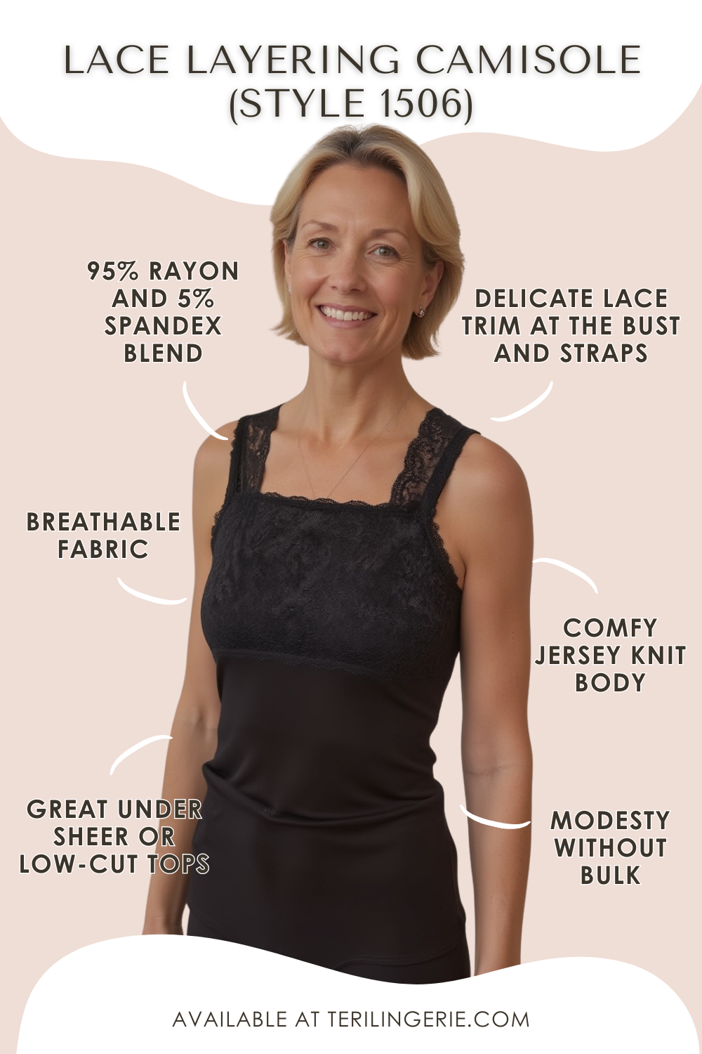 A smiling woman wears the Teri Lingerie Lace Layering Camisole (Style 1506), featuring breathable 95% rayon/5% spandex jersey, delicate lace trim, and modest coverage—ideal for layering under sheer or low-cut tops.