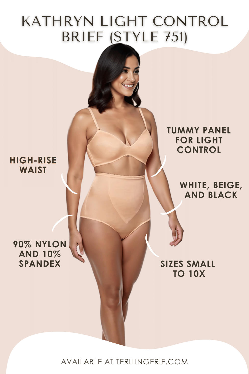 A smiling woman wears the Kathryn Light Tummy Control Microfiber Brief (Style 751) by Teri Lingerie, featuring a high-rise waist, assorted colors, multiple sizes, and soft fabric. For more details visit terilingerie.com.
