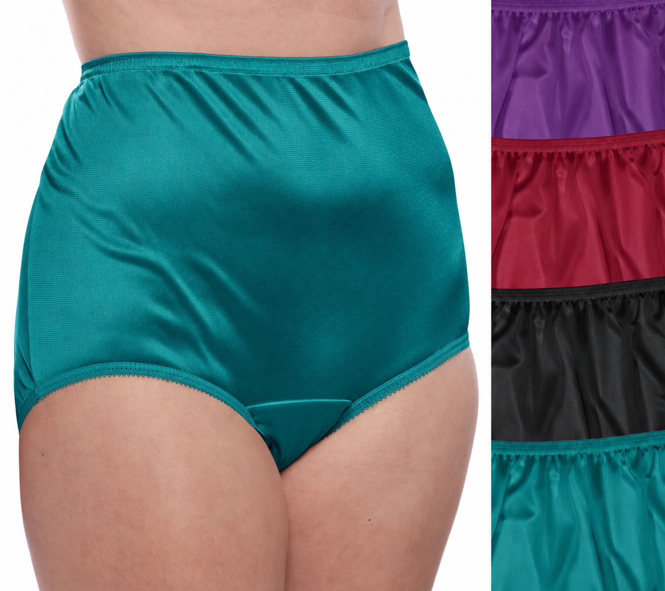 Teri Plain Jane 331 Jewel Tones 4-pack with teal brief and black, wine, teal and purple color swatches.