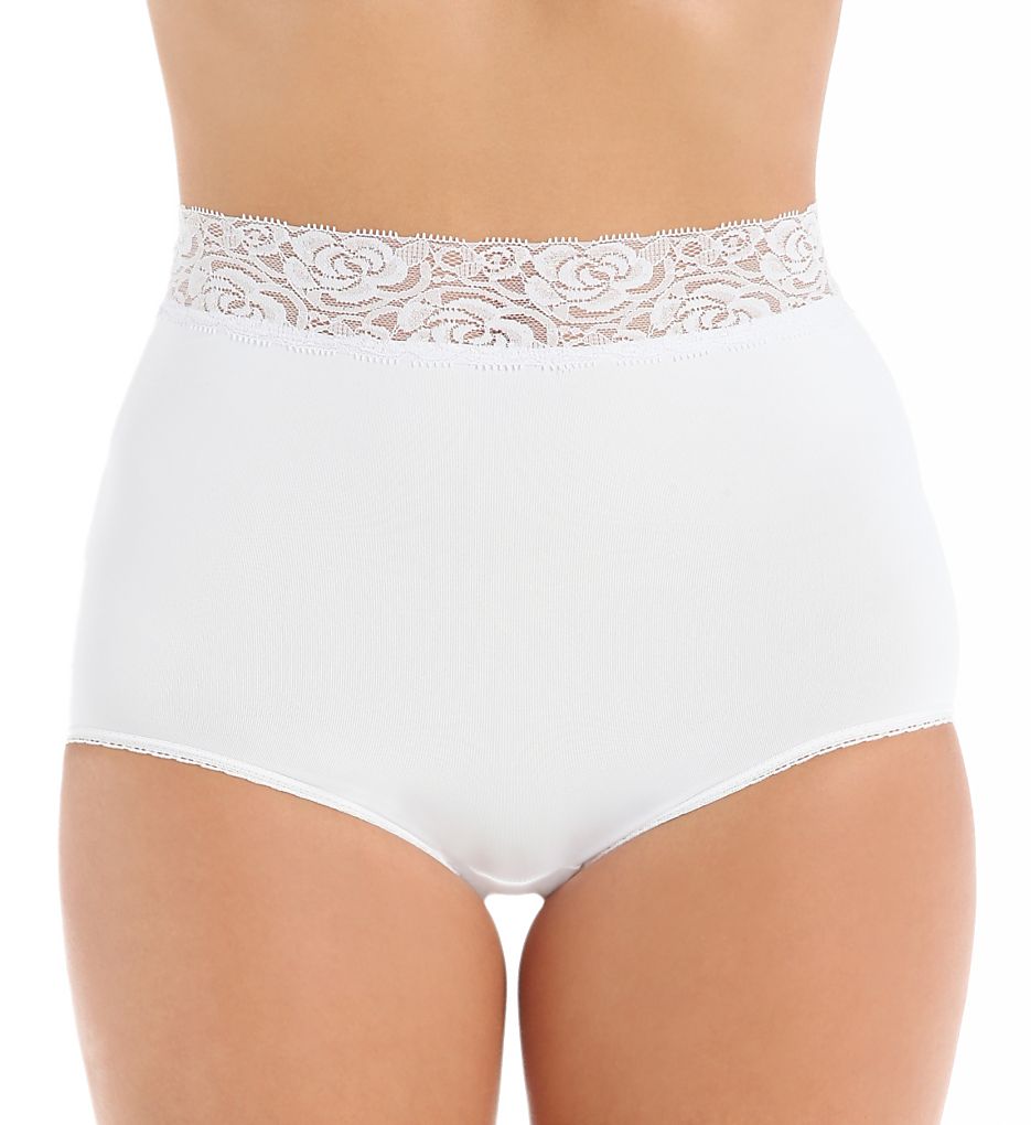 A person wears the Teri Lingerie Grace Lace Trim Microfiber Brief Panty (Style 313), featuring a high-rise fit, sheer floral lace waistband, and no-show silhouette, shown from waist to upper thighs against a plain background.